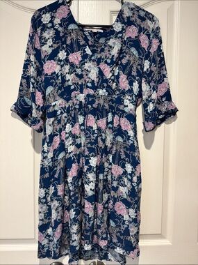 Navy Floral Empire-Waist Girls Dress with Pink & Light Blue Flowers